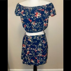 2 pc Navy Floral off shoulder & midi skirt set